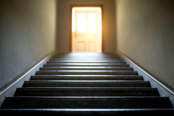 Mental health awareness concept. Stairway leading to a brightly lit door at the top.