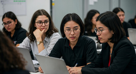 Obraz premium Asian students collaborating on laptop in modern classroom, Professional development and teamwork, Educational technology and diversity in higher education