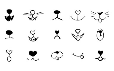 Pet mouth comic cute line doodle drawing. Set lips, noses and whiskers animal characters. Funny heart nose, hand drawn faces.
