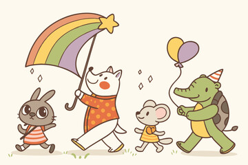 29 Colorful cartoon animals, whimsical characters, playful illustrations, children's book style, simple shapes, vibrant colors, anthropomorphic animals, quirky designs, hand-drawn aesthetic, diverse c