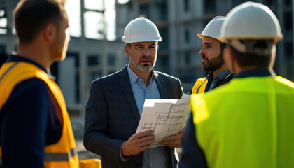 A businessman in a suit and white helmet reviews construction plans while conversing with workers in hard hats. They are on a construction site filled with scaffolding and materials