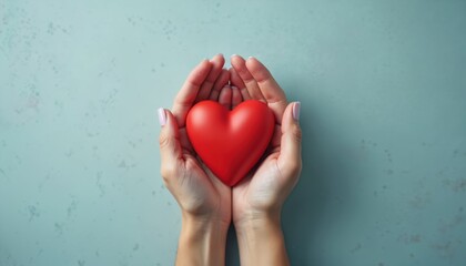 Human hands gently cradle vibrant red heart symbol. Represents support heart disease awareness, cardiovascular health. Healthcare concept. Charity donation. Prevention wellness. Medicine, healthy