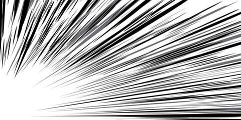 Obraz premium Black lines from the corner on a white bg as manga speed effect in comic style. Explosion in comics. Fast forward background in anime. Radial burst