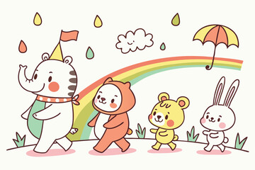 29 Colorful cartoon animals, whimsical characters, playful illustrations, children's book style, simple shapes, vibrant colors, anthropomorphic animals, quirky designs, hand-drawn aesthetic, diverse c