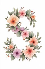 Obraz premium Watercolor floral design letter S. Delicate illustration with flowers, leaves, muted colors on white background. Decorative element for cards, invitations, wedding designs, decor, art.