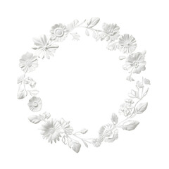 A white flower wreath with a variety of flowers. The wreath is circular and has a white background