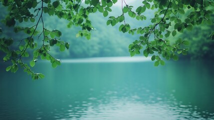 Fototapeta premium Serene teal lake softly veiled in mist gentle light filters through lush green leaves peaceful tranquil scene. AI Generated