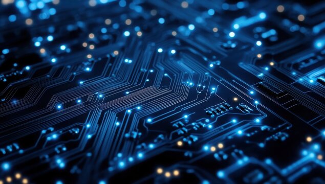 Blue circuit board background with glowing lights, representing digital technology and cybersecurity concepts