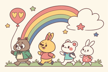 29 Colorful cartoon animals, whimsical characters, playful illustrations, children's book style, simple shapes, vibrant colors, anthropomorphic animals, quirky designs, hand-drawn aesthetic, diverse c