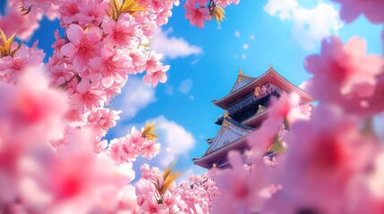 Japanese Castle Amidst Cherry Blossoms: A Springtime Dream
