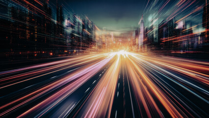 Captivating display of high-speed light streaks metropolitan skyline  creating dynamic motion effect that evokes speed and energy  blending motion blur from speeding auto vehicles against architecture