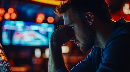 Obraz premium A dramatic shot of a man looking at a betting slip in his hands, tense expression, cinematic lighting, blurred casino or betting shop background, high-stakes atmosphere.