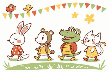 30 Cute illustrated animal characters, colorful cartoon style, whimsical, playful, children's book illustration, simple shapes, flat colors, textured look, lineup of characters, bunny, monkey, crocodi