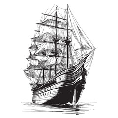 old model ship draw black and white
