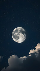 Naklejka premium A gibbous moon shines brightly in a night sky filled with stars and clouds.