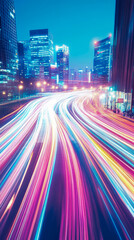 Fototapeta premium Energetic Urban Nightscape: Time Exposure of City Lights and Traffic Trails in Vivid Tones
