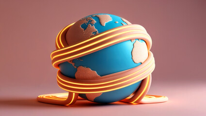 Fototapeta premium AGI ethics 3D concept. A globe wrapped in colorful tape representing global connection.