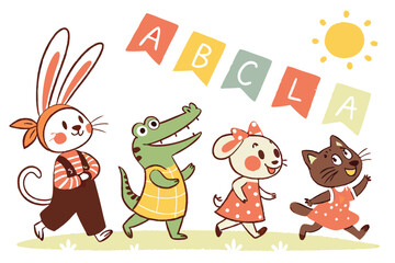 30 Cute illustrated animal characters, colorful cartoon style, whimsical, playful, children's book illustration, simple shapes, flat colors, textured look, lineup of characters, bunny, monkey, crocodi