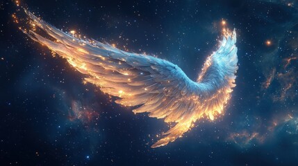 Glowing, ethereal angel wing in outer space, with sparkling, golden light trails.