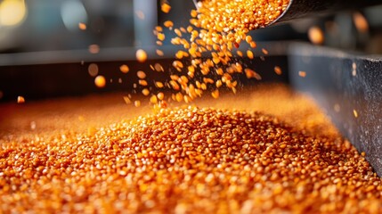 Golden corn kernels cascade into a large pile, showcasing the abundance of harvest