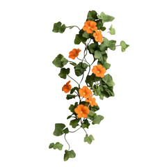 A bunch of orange flowers are growing on a vine. The flowers are small and clustered together. The vine is green and has a few leaves