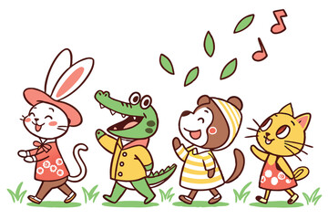 30 Cute illustrated animal characters, colorful cartoon style, whimsical, playful, children's book illustration, simple shapes, flat colors, textured look, lineup of characters, bunny, monkey, crocodi