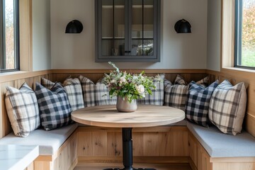 A modern farmhouse kitchen nook with built-in bench seating, plaid throw pillows, and natural wood accents surrounding a round farmhouse