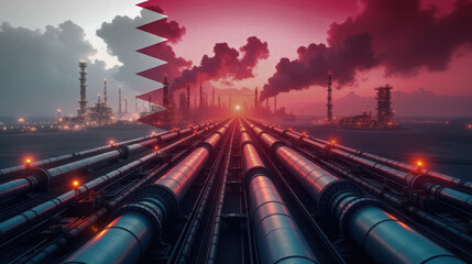 Oil pipelines leading to a refinery, overlaid with the Qatar flag. A concept of energy industry, fuel production, and economic power.