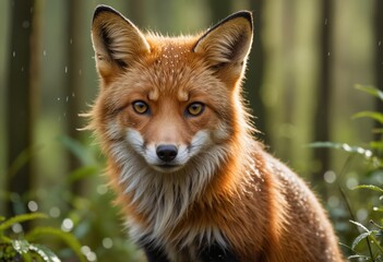 A fluffy red fox with white markings looks directly at the camera in a blurred green background