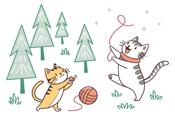 31 Cartoon cats playing in a forest, whimsical illustration, colorful animals, green pine trees, playful felines, childlike drawing style, simple shapes, joyful creatures, outdoor scene, fun and energ