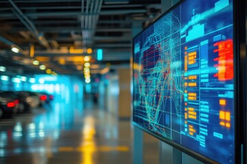 A large digital display in a parking garage shows real-time data and a map.