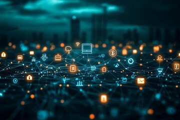 Networked icons represent digital communication and data transfer connections