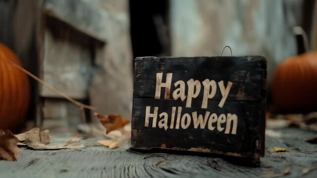 Happy Halloween sign with pumpkins and autumn leaves on wood  