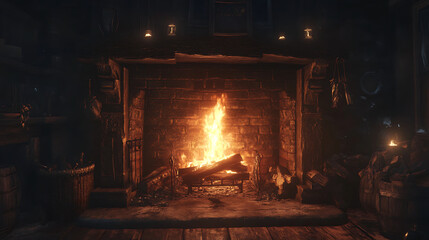A fireplace with a burning fire in the center. It is surrounded by brickwork. There are several small candles on the shelf above the fireplace, creating a cozy lighting.