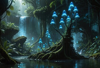 A bioluminescent forest scene features glowing mushrooms surrounding a waterfall