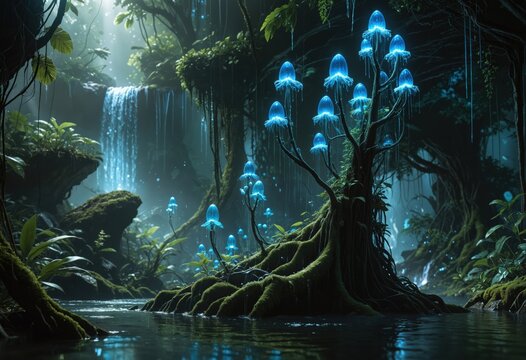 A bioluminescent forest scene features glowing mushrooms surrounding a waterfall