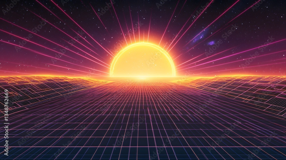 Poster a retro futuristic landscape with sun and grid lines displays brightly