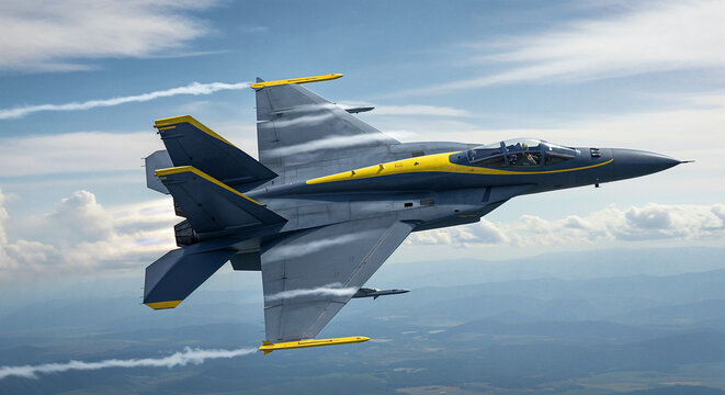 F/A-18 Super Hornet fighter jet in flight, Military aircraft against cloudy blue sky, Combat aviation and aerial defense, Modern warfare technology