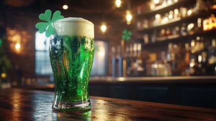 Green beer in pint glass with shamrock garnish at a bar