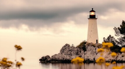 Coastal lighthouse, rocky outcrop, stormy sky, yellow flowers