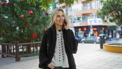 Fototapeta premium Woman talking on phone in city park with festive decorations behind her, exuding confidence and joy within an urban environment on a bright, sunny day.