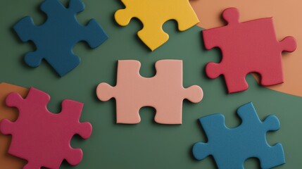 A vibrant arrangement of colorful puzzle pieces displayed on a multicolored background, showcasing creativity and playfulness.