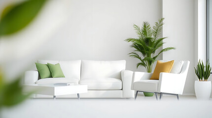 minimalist living room interior mockup, modern furniture and greenly decorative, white sofa and armchair, created by generative ai