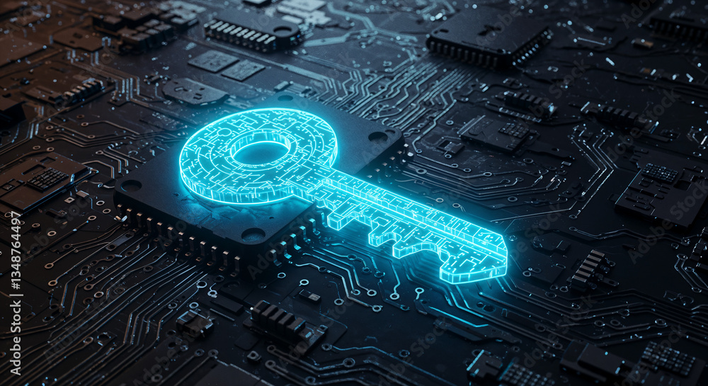 Poster digital security key glowing on circuit board, cybersecurity technology concept, data protection and
