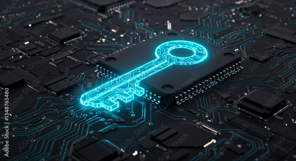 Poster digital security concept visualization, glowing blue key on circuit board, cybersecurity and data pr