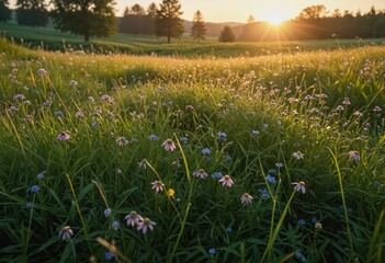 A vibrant wildflower meadow basks in the warm glow of the setting sun