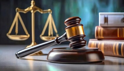 A gavel rests on a wooden block, symbolizing justice, alongside scales of justice and law books, creating a legal-themed setting.