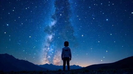 a child stands and looks at the starry sky