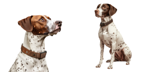 Elegant spotted dog with collar in multiple poses on a plain background