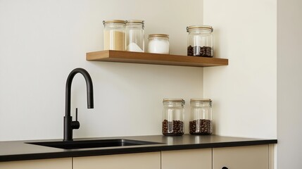 Fototapeta premium A modern kitchen with soft cream cabinetry, a matte black faucet, and a single shelf holding glass jars of coffee